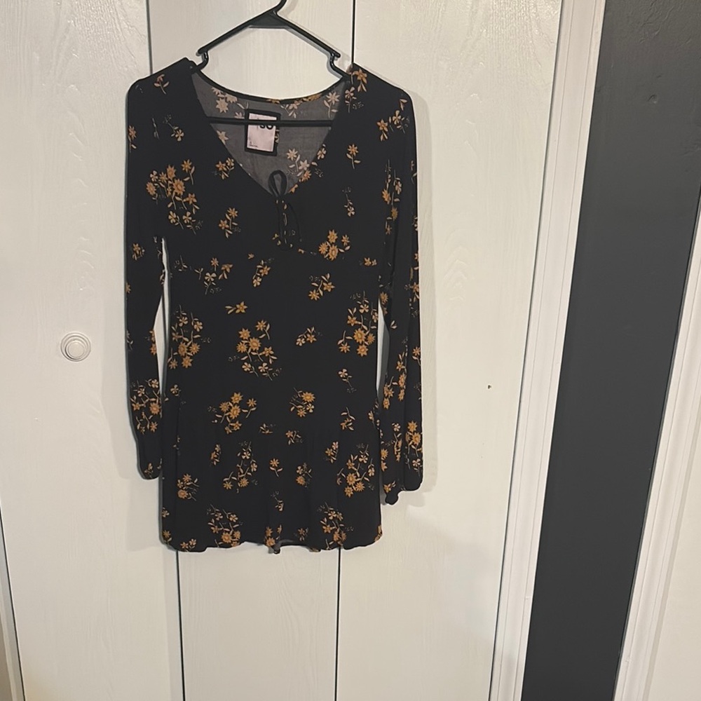 Floral Black and Yellow Long Sleeve Dress